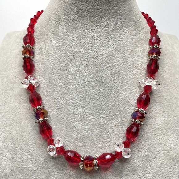 Artisan Red White Glass Beaded STatement Necklace Elegant Stunning Sparkly 21” - Picture 1 of 7